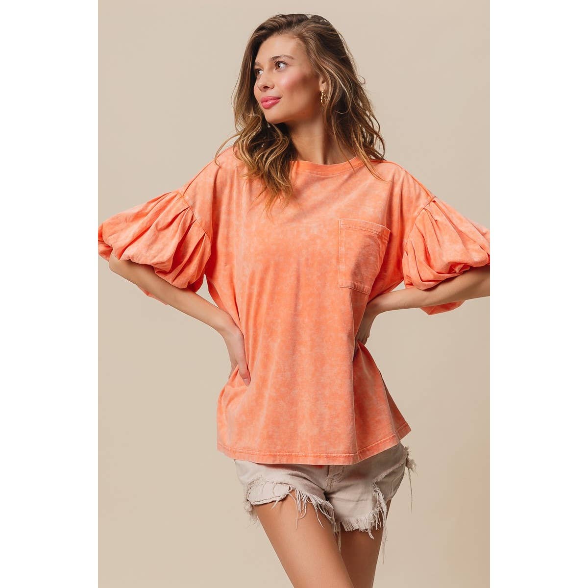 Mineral Washed Puff Sleeve Jersey Top