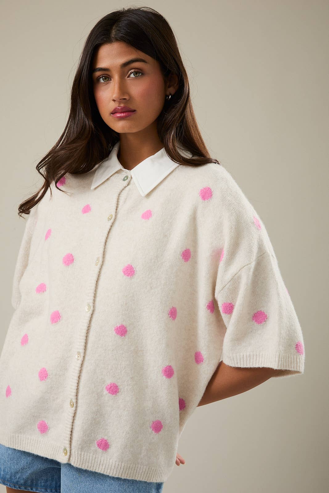 SHORT SLEEVE CREW NECK POLKA DOT SWEATER CARDIGAN