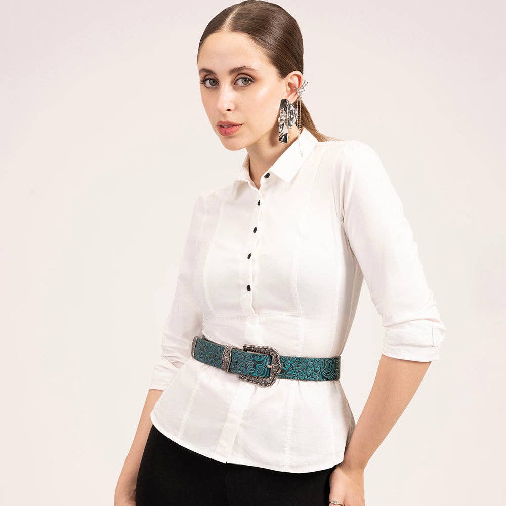 Sophia Turquoise Floral Embossed Leather Belt
