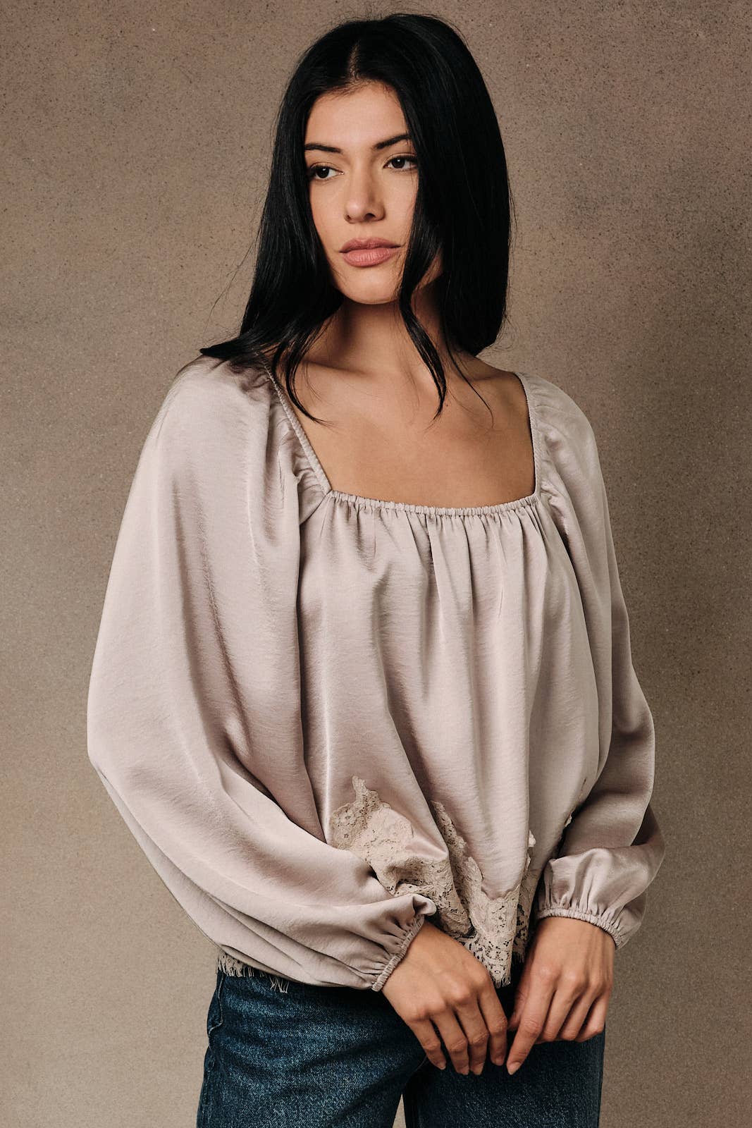 Square Neck Balloon Long Sleeve Lace Applique Hemline Blouse