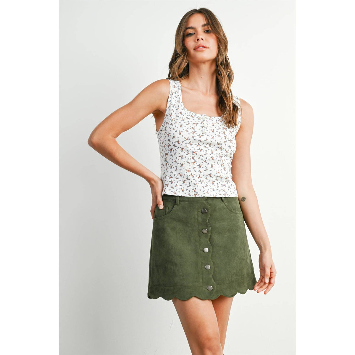 Scallop Trim Button-Front Mini Skirt
