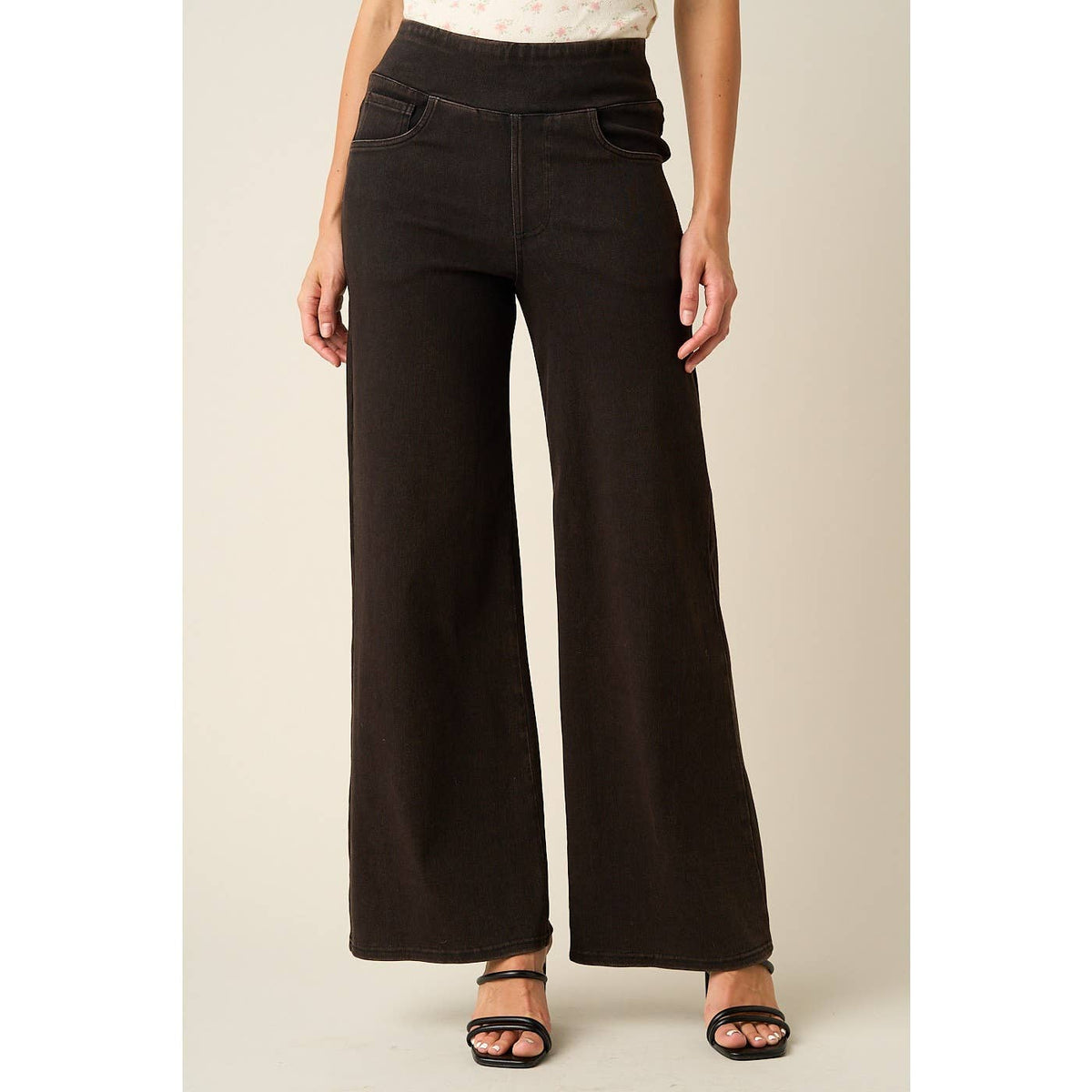 WASHED DENIM ELASTIC WAISTBAND WIDE LEG PANTS