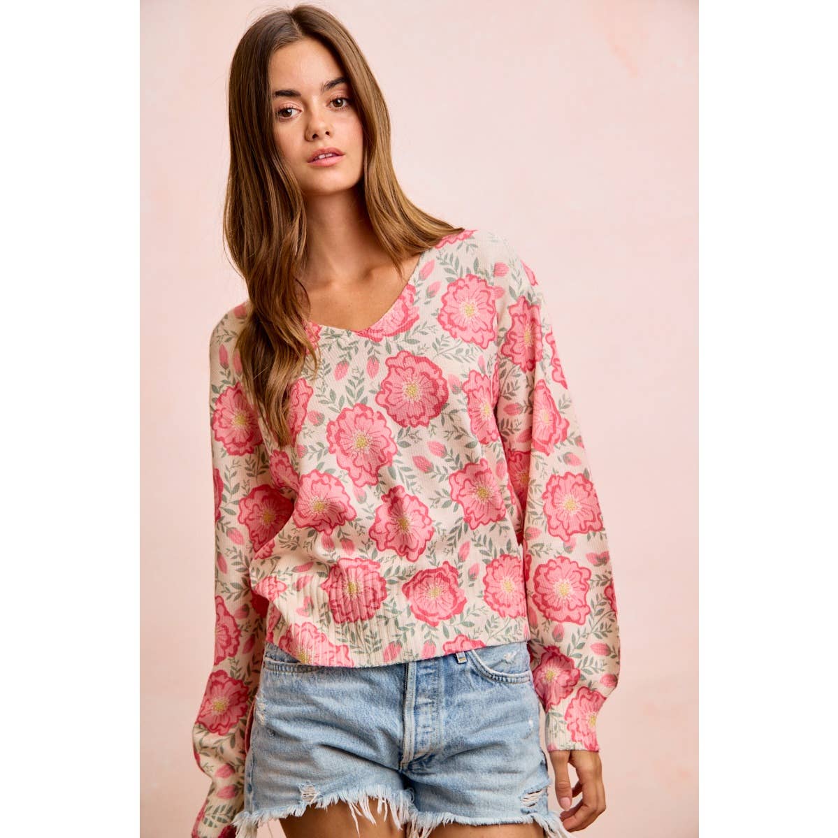 Flower Printed V-Neck Knit Top with Balloon Sleeves