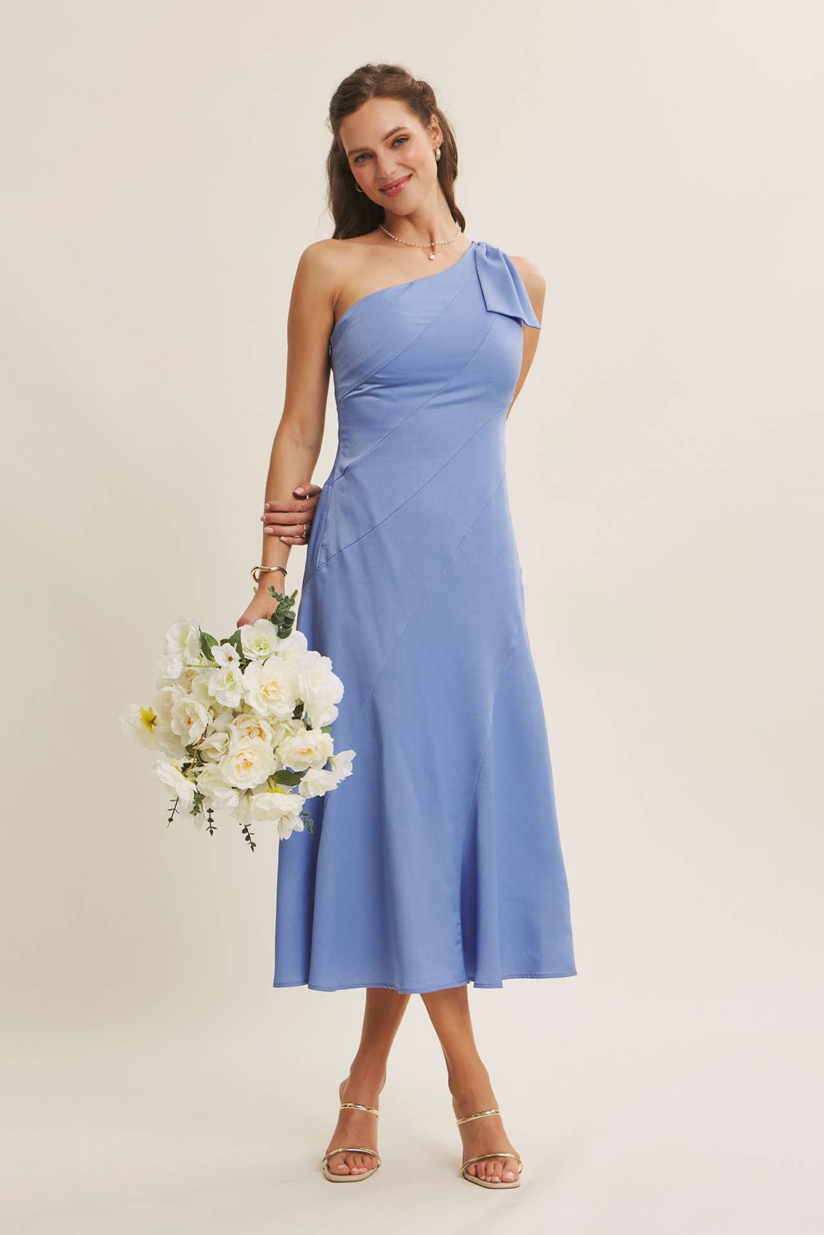 PARTY GLAM ONE-SHOULDER BOW MIDI DRESS W/ SCULPTING SEAM