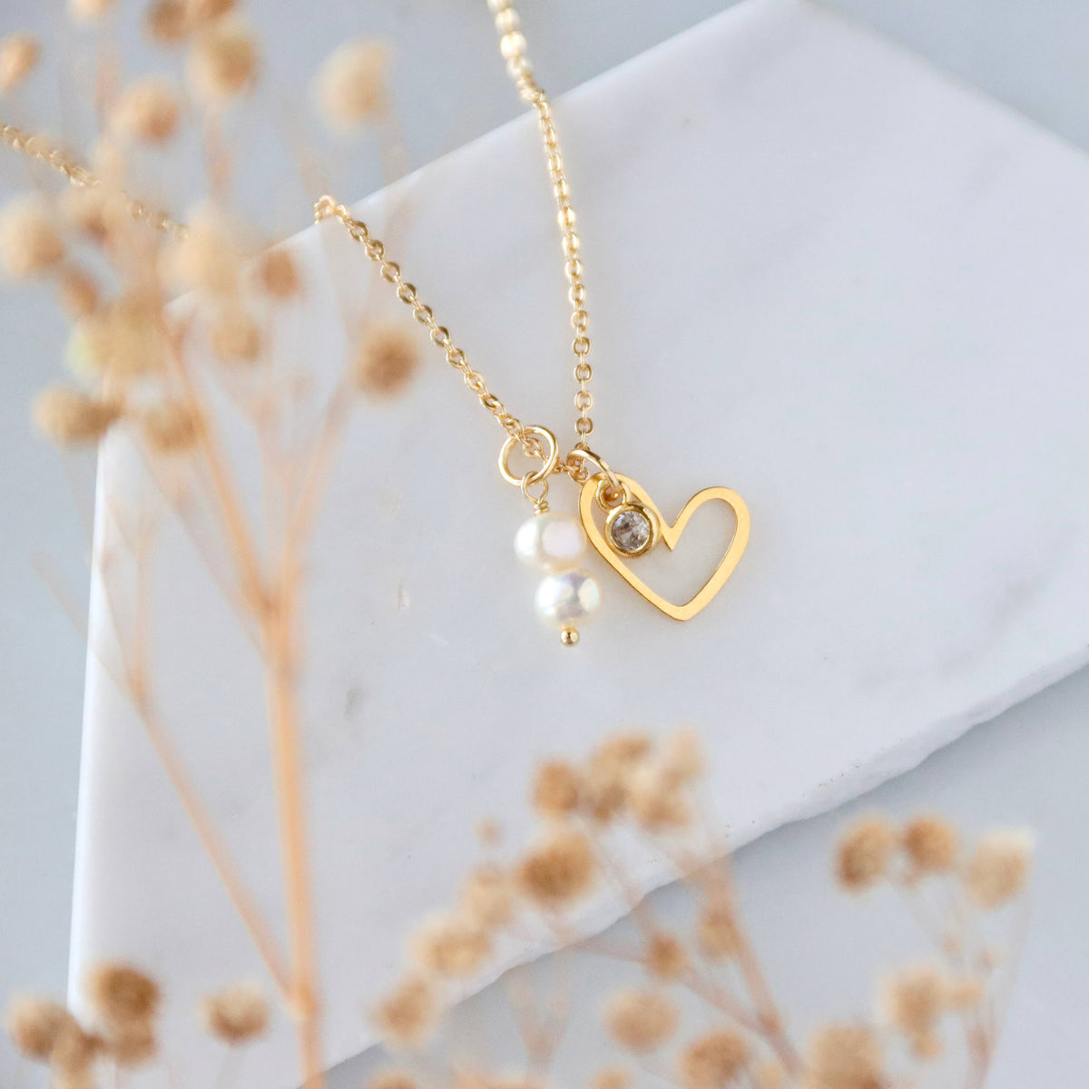 CZ, Pearl, Open Heart, Necklace