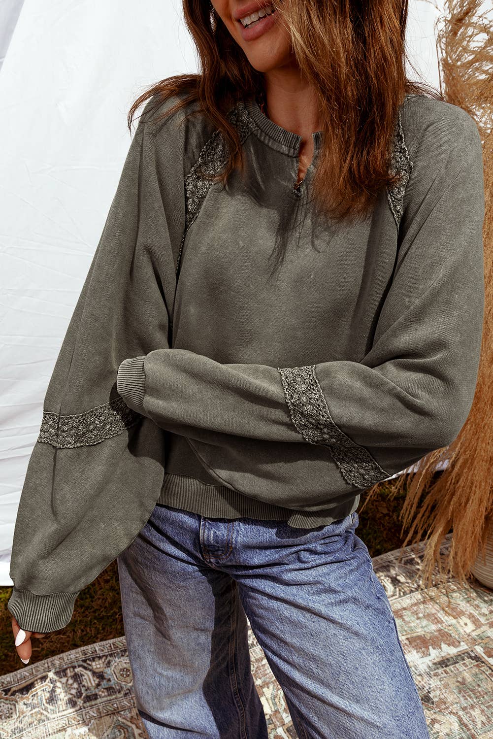 Lace Patchwork Detail Notched Neck Mineral Wash Sweatshirt