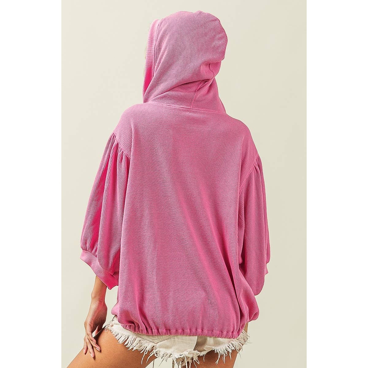 Three-Quarter Puff Sleeve Half Zip Washed Waffle Thermal Hoodie