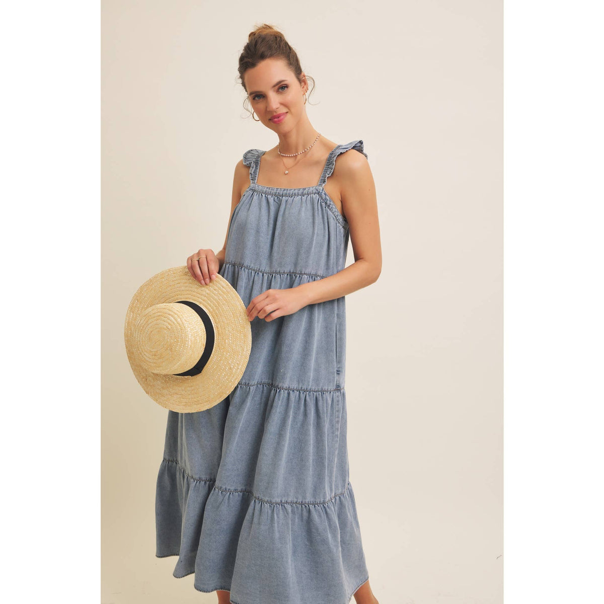 DENIM WASHED MIDI DRESS WITH RUFFLES AND BACK BOW