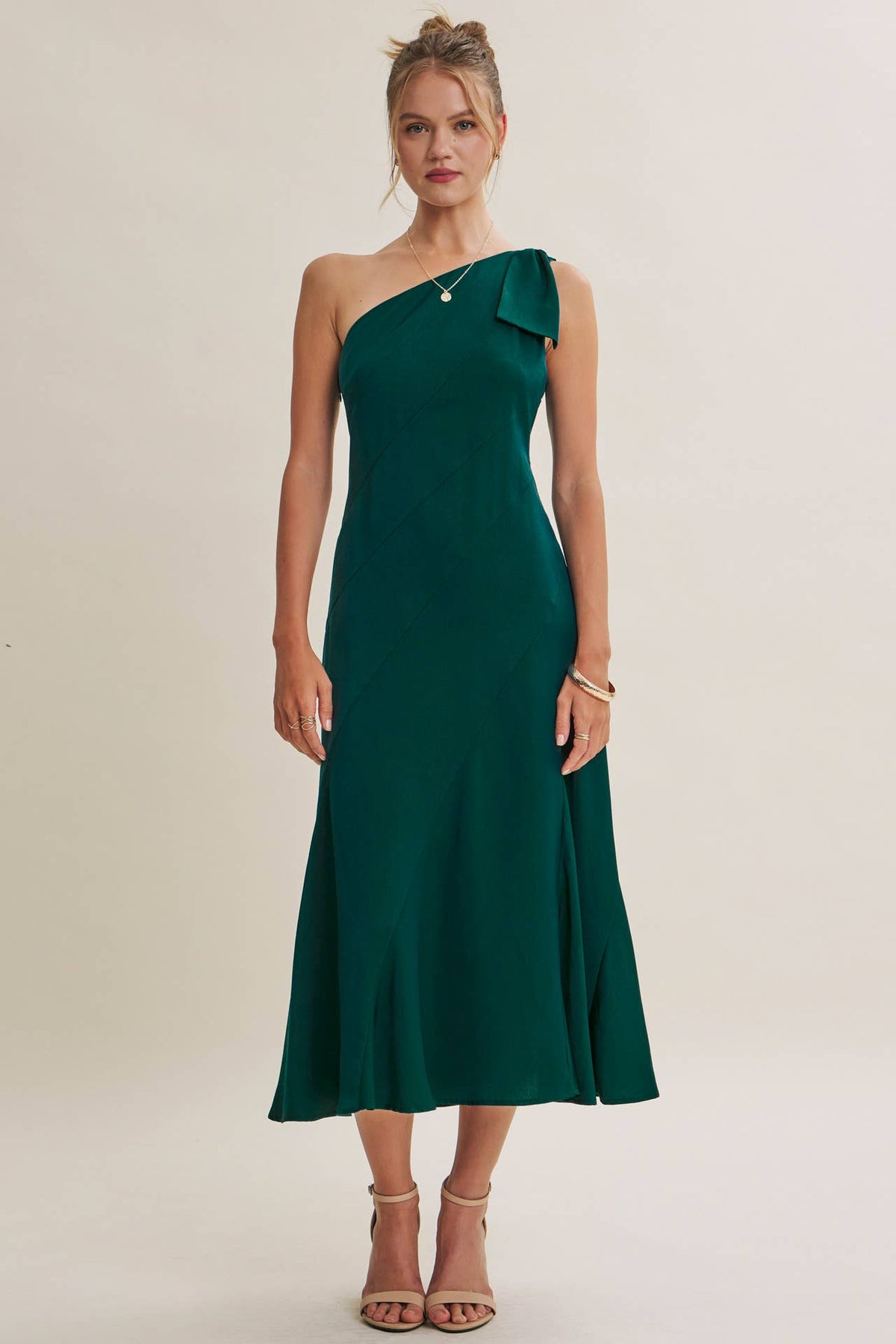 PARTY GLAM ONE-SHOULDER BOW MIDI DRESS W/ SCULPTING SEAM