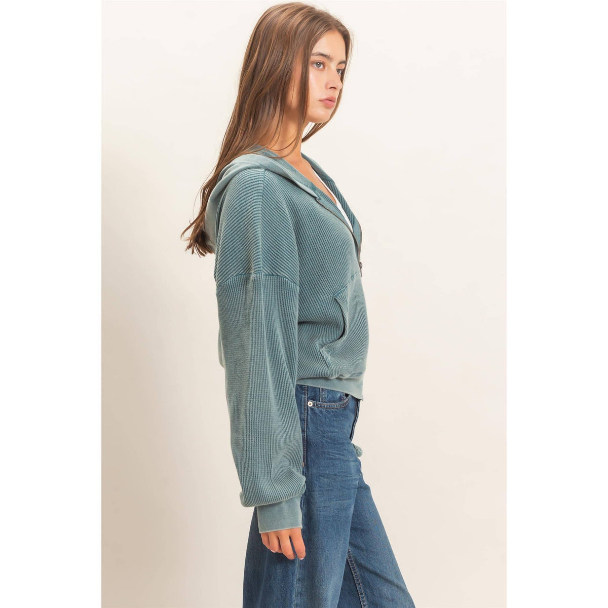 Acid Wash Waffle Knit Zip-Up Hoodie