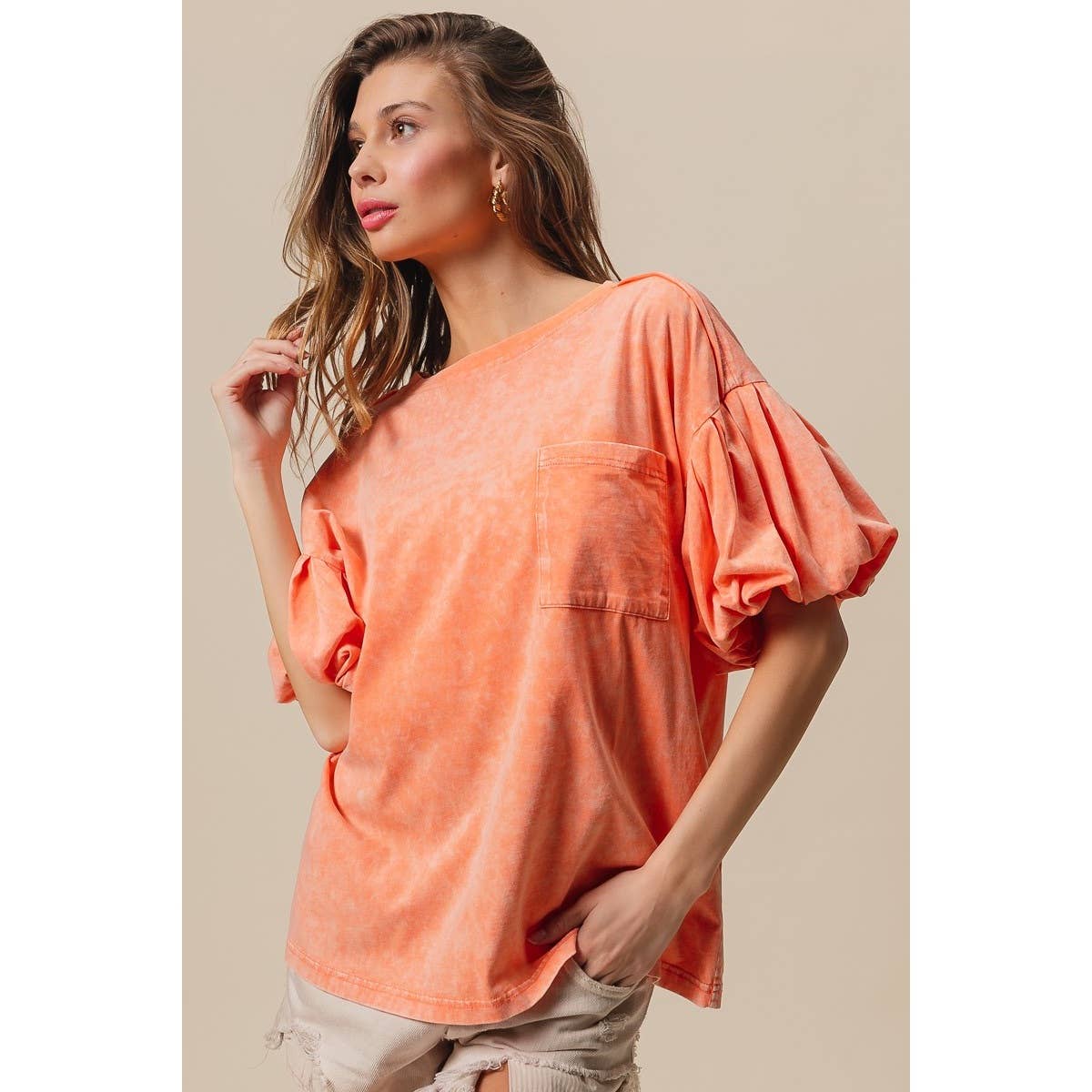 Mineral Washed Puff Sleeve Jersey Top
