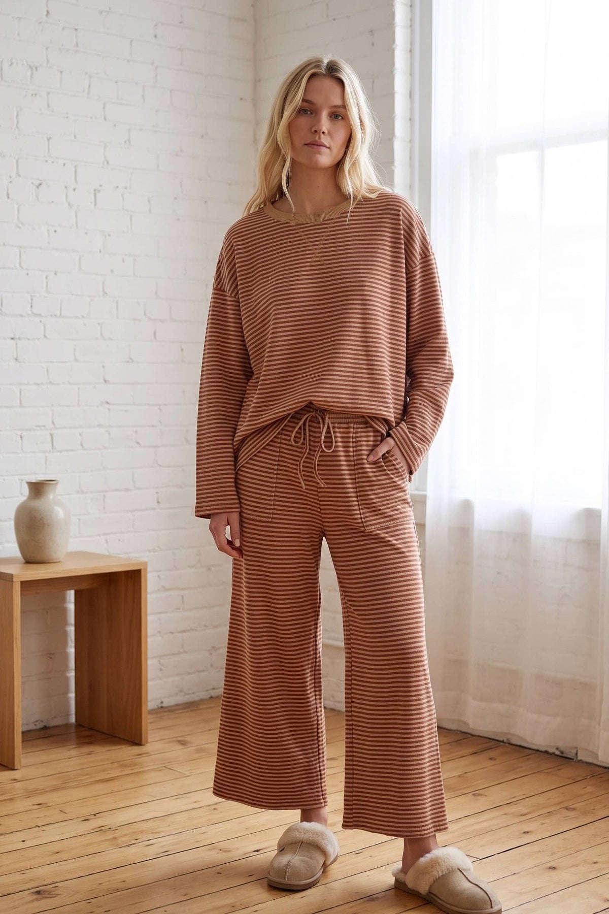 Striped Relaxed Top & Wide Leg Pants Knit Set