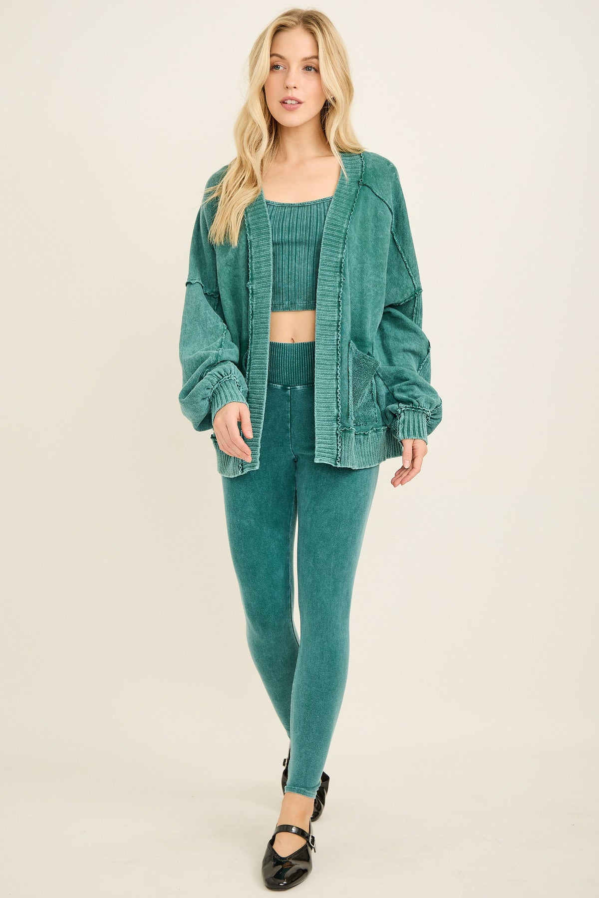 Mineral Washed Ribbed detail Midi Open Cardigan HT6658