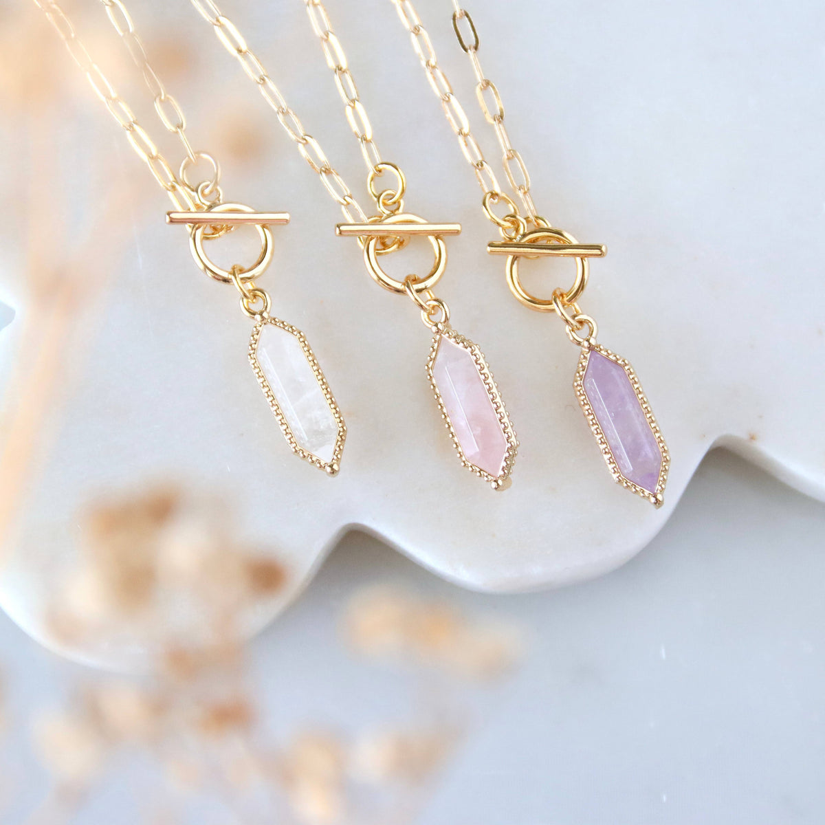 Amethyst, Quartz, Rose Quartz Toggle Necklace
