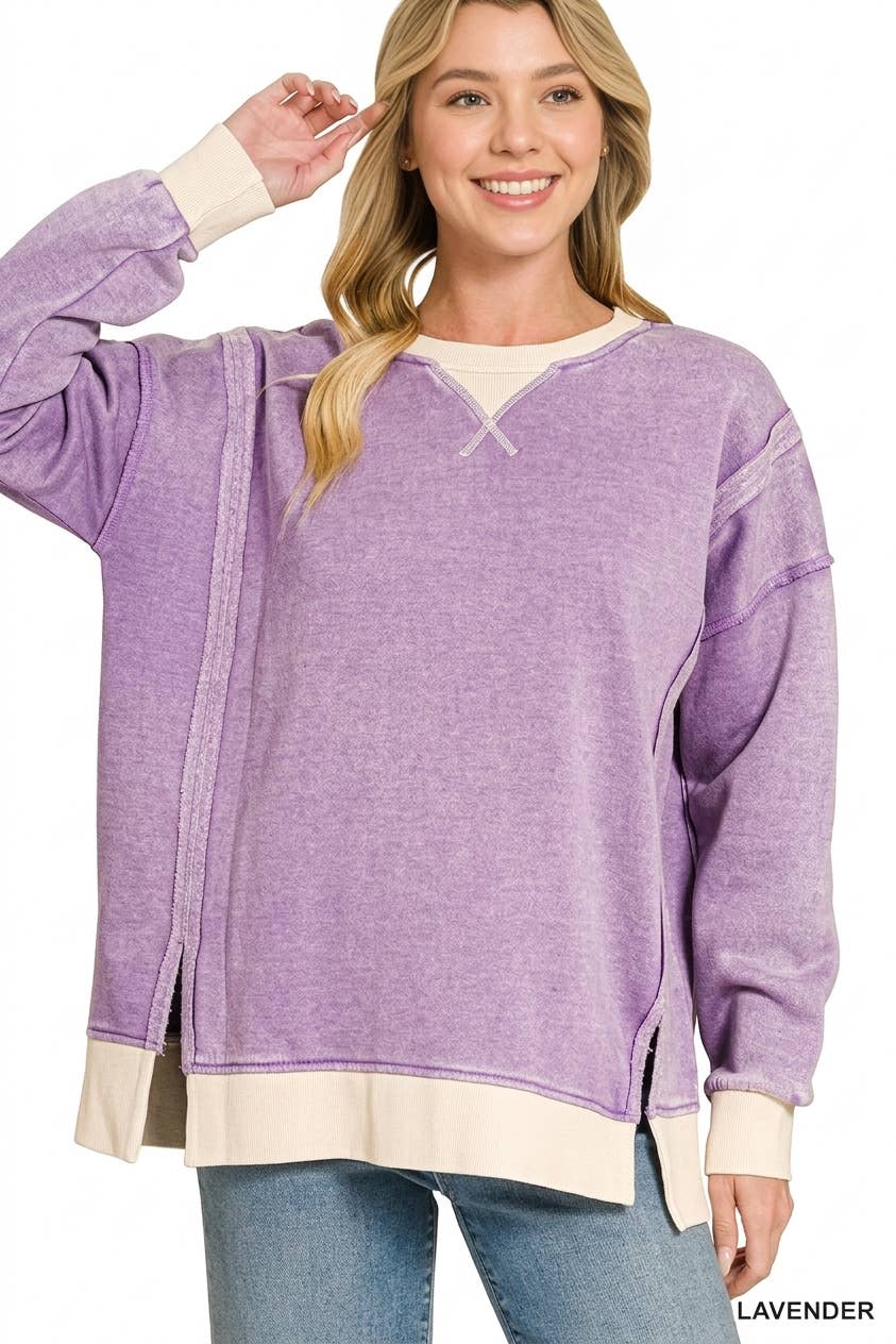 Fleece Acid Washed Contrast Trim Oversized Pullover