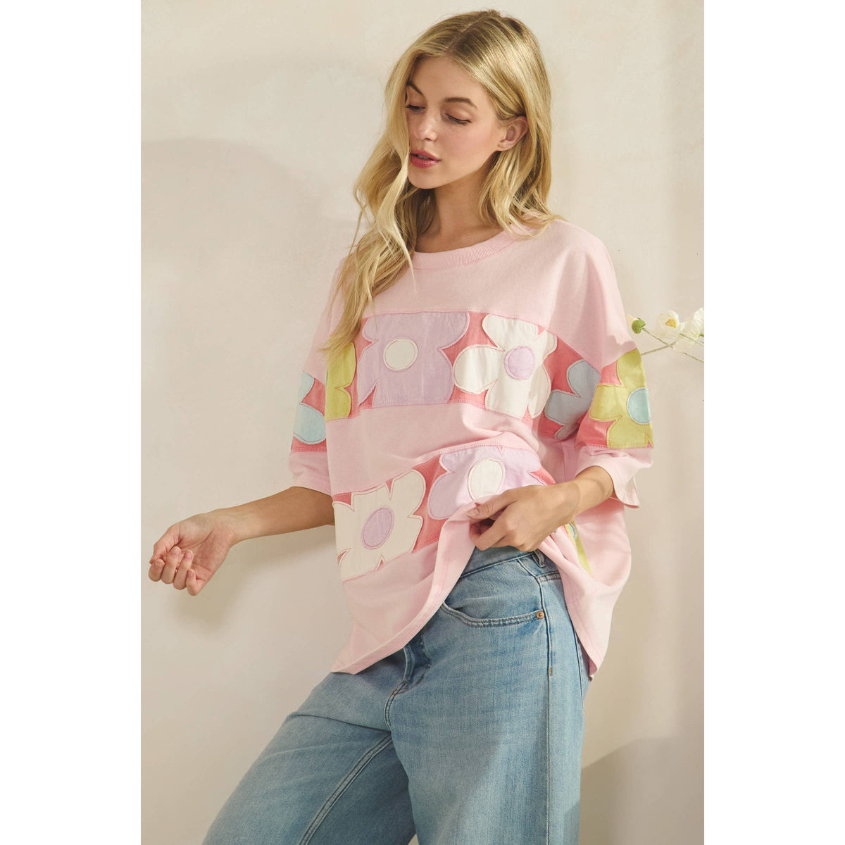 PASTEL FLORAL PATCHWORK OVERSIZED TEE (ST7836)