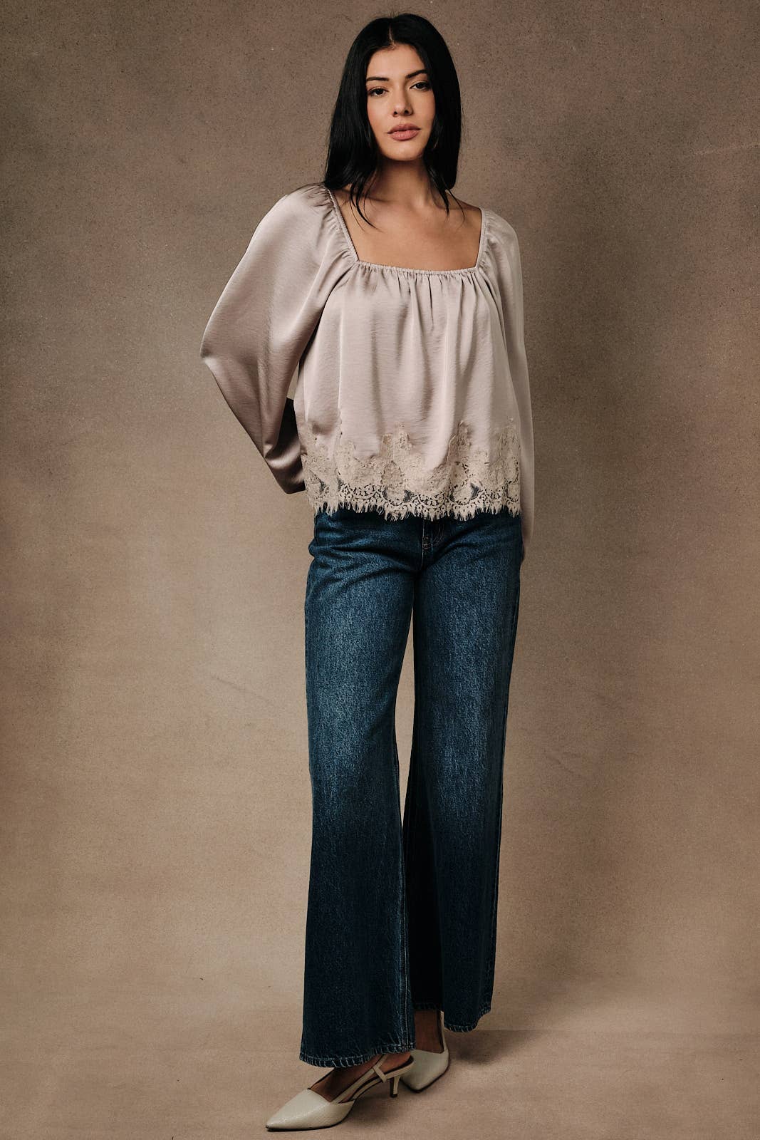 Square Neck Balloon Long Sleeve Lace Applique Hemline Blouse