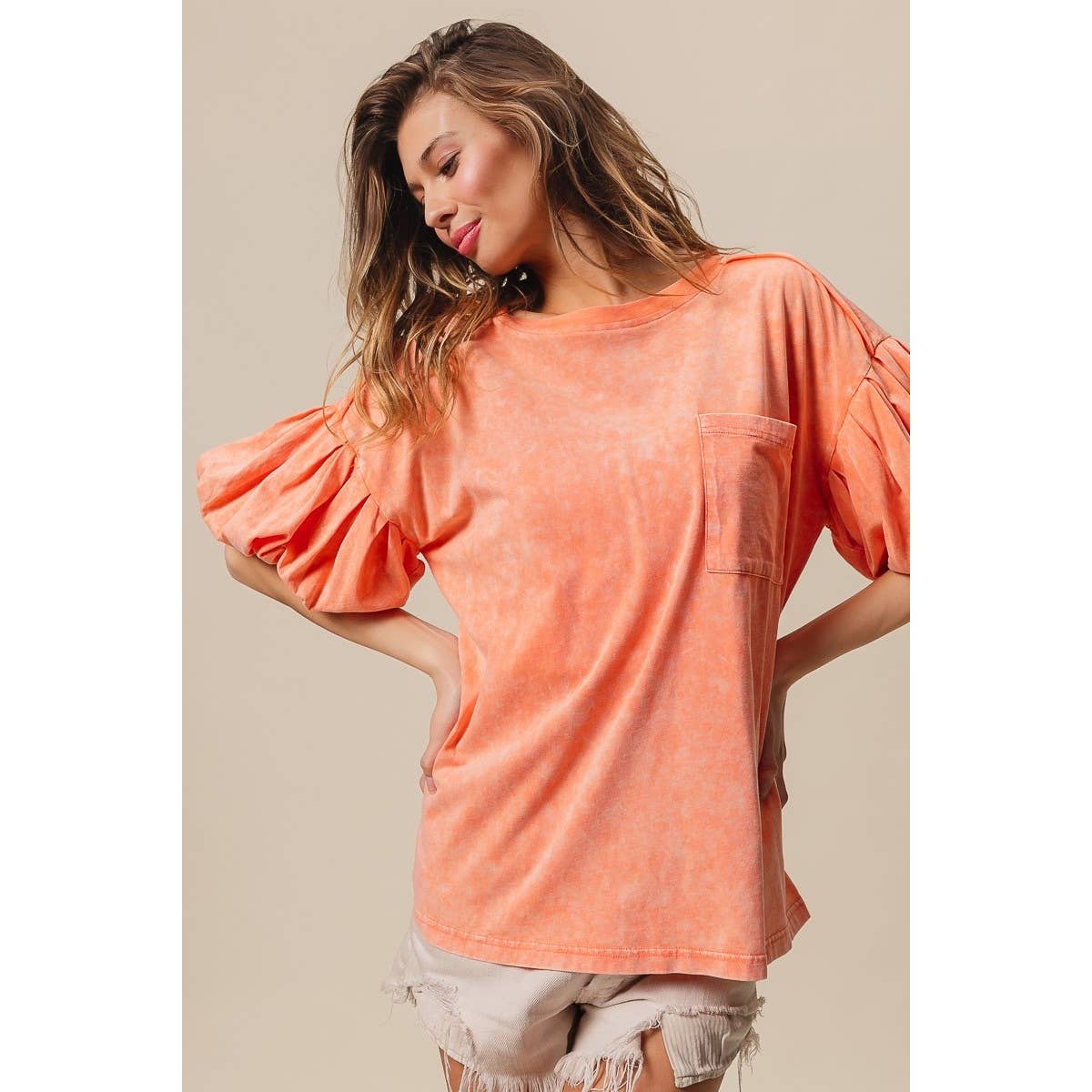 Mineral Washed Puff Sleeve Jersey Top