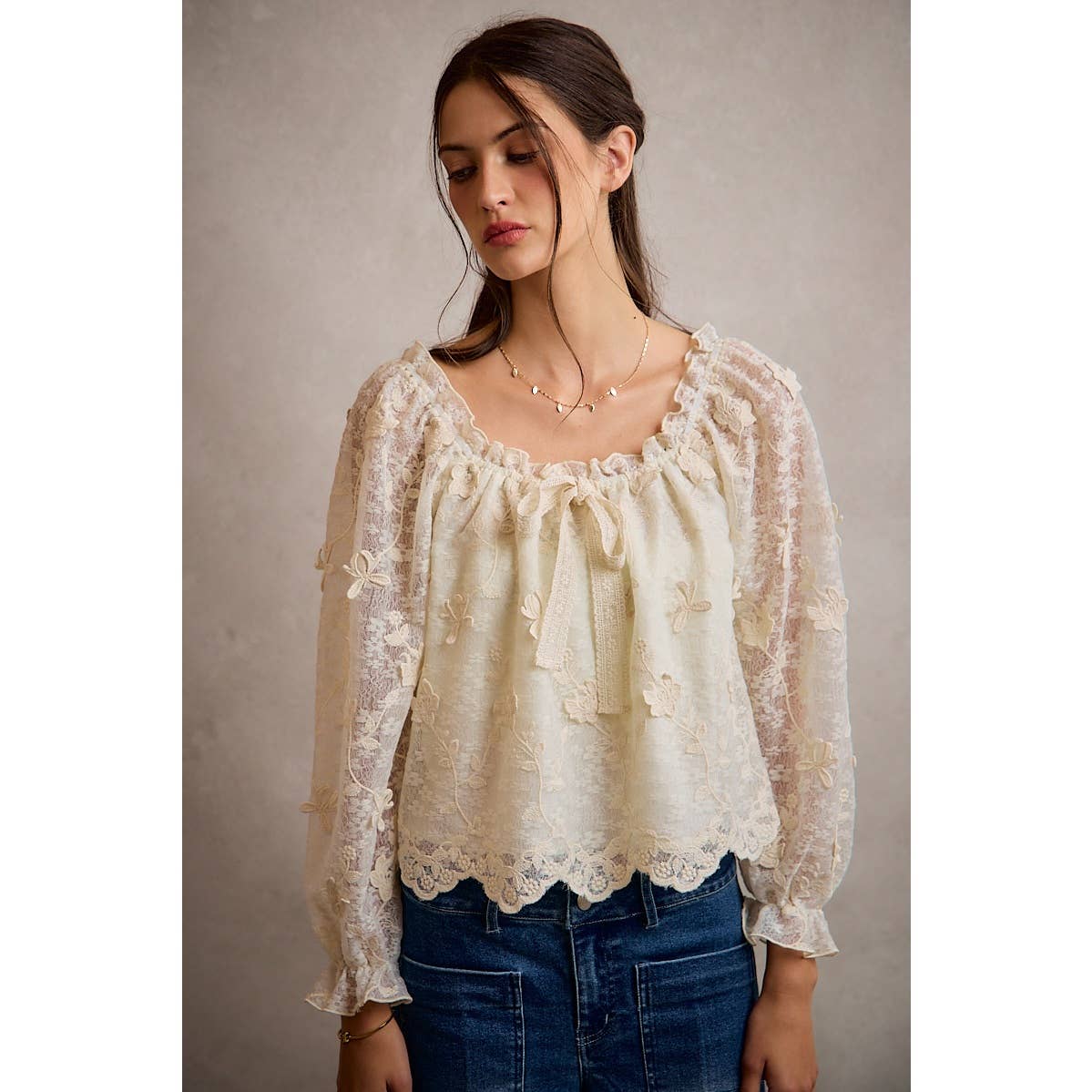 3D Floral Lace Scallop Edge Long Sleeve Blouse