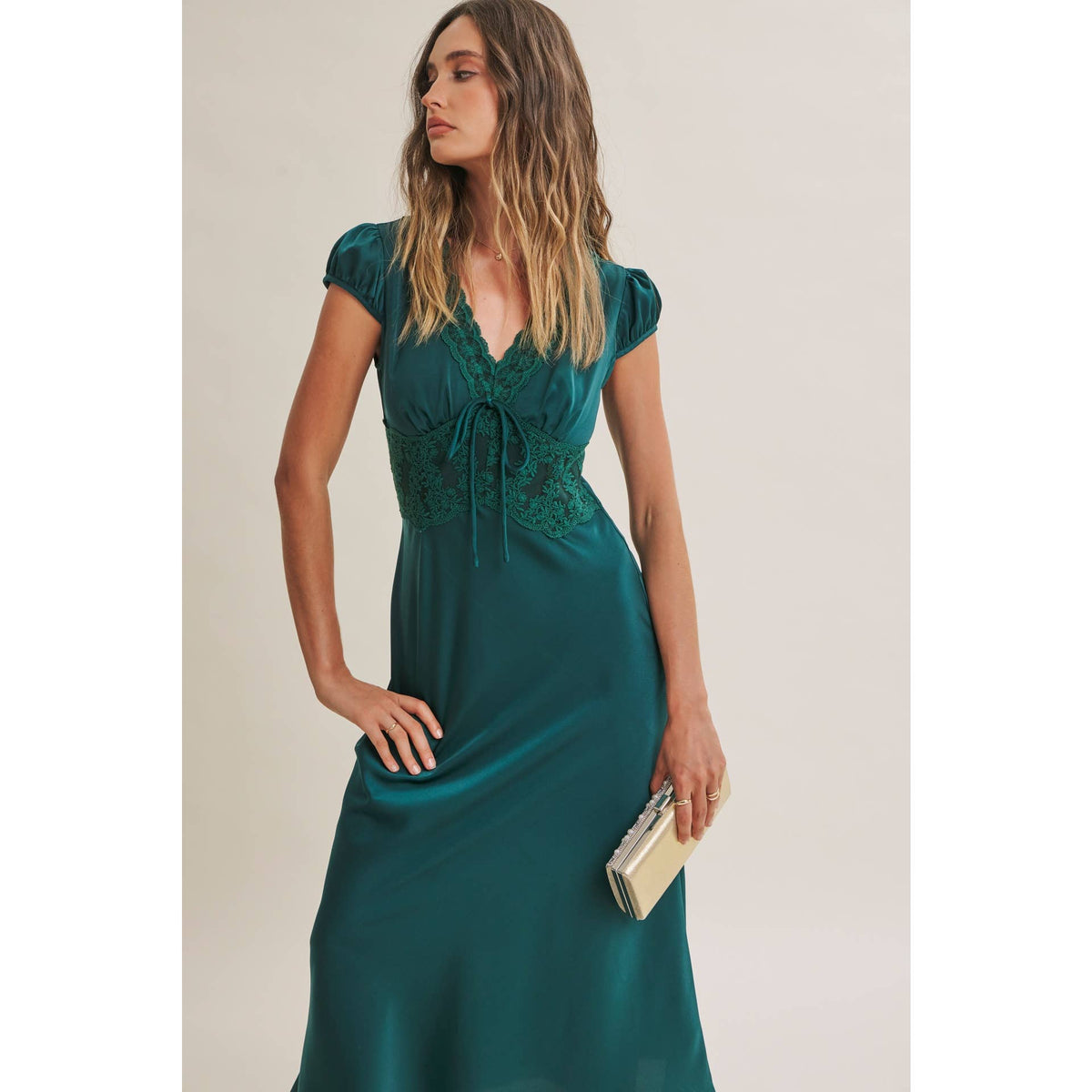 Graceful Drape Bias Cut Silky Satin Lace Midi Dress