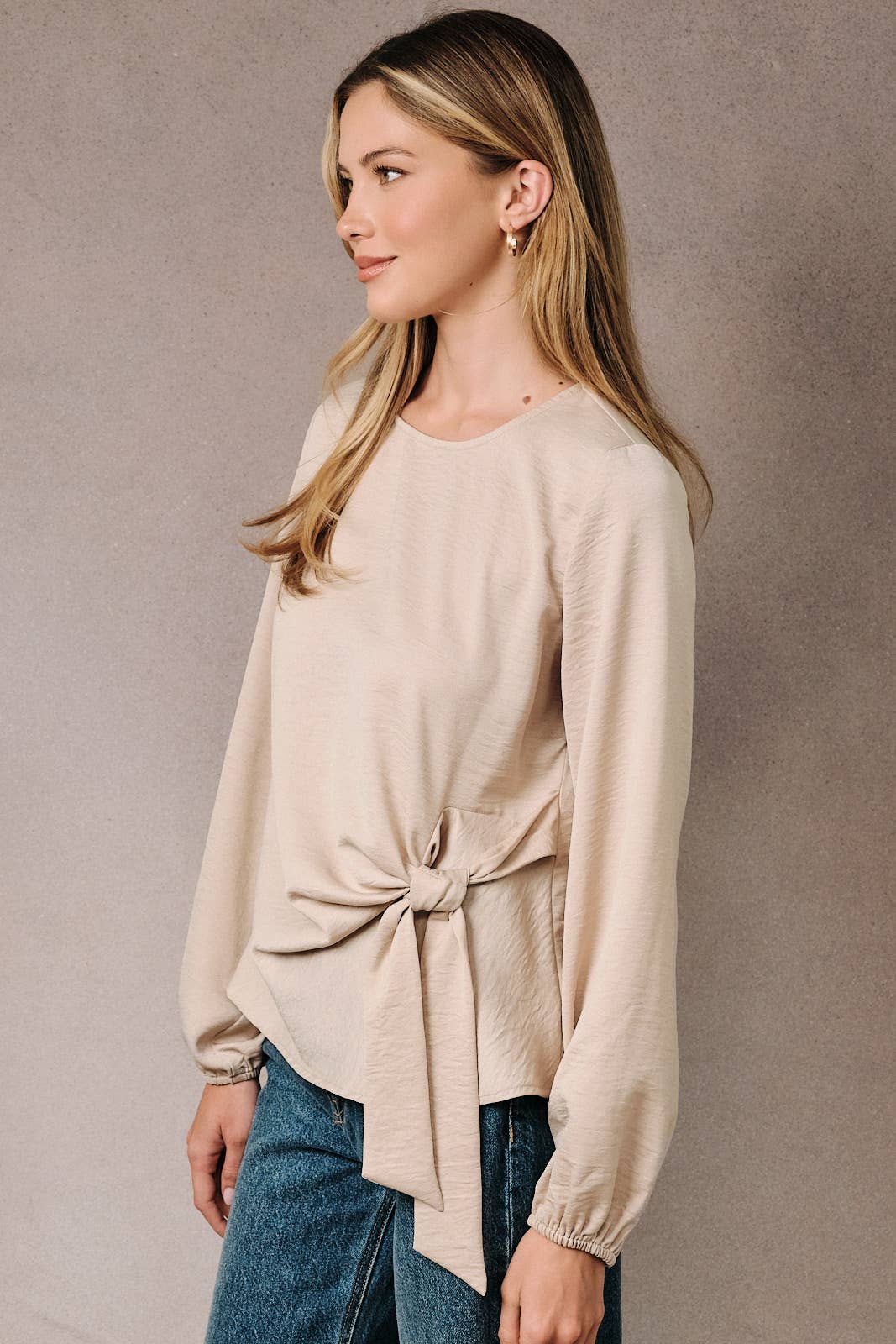 Round Neck Long Sleeve Front Tie Top