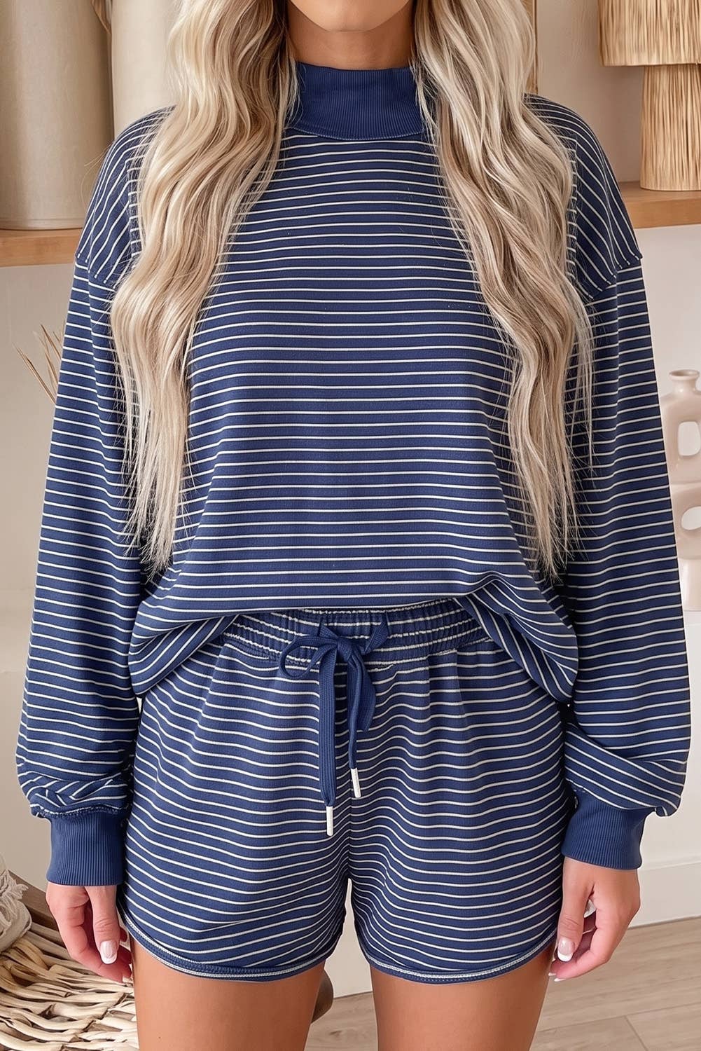 Stripe Mock Neck Pullover & Matching Shorts Set