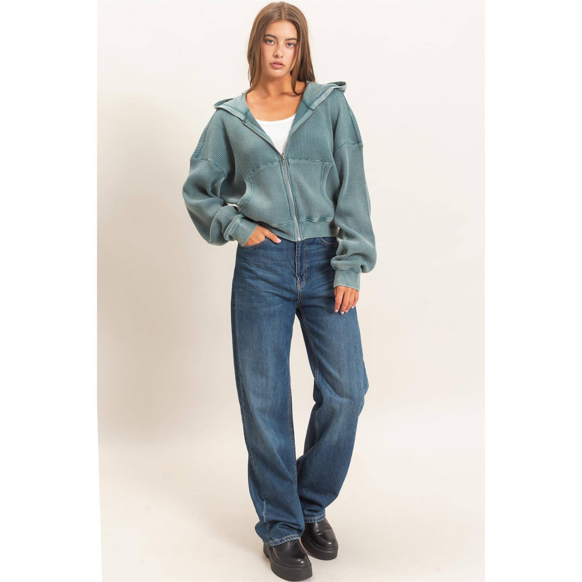 Acid Wash Waffle Knit Zip-Up Hoodie
