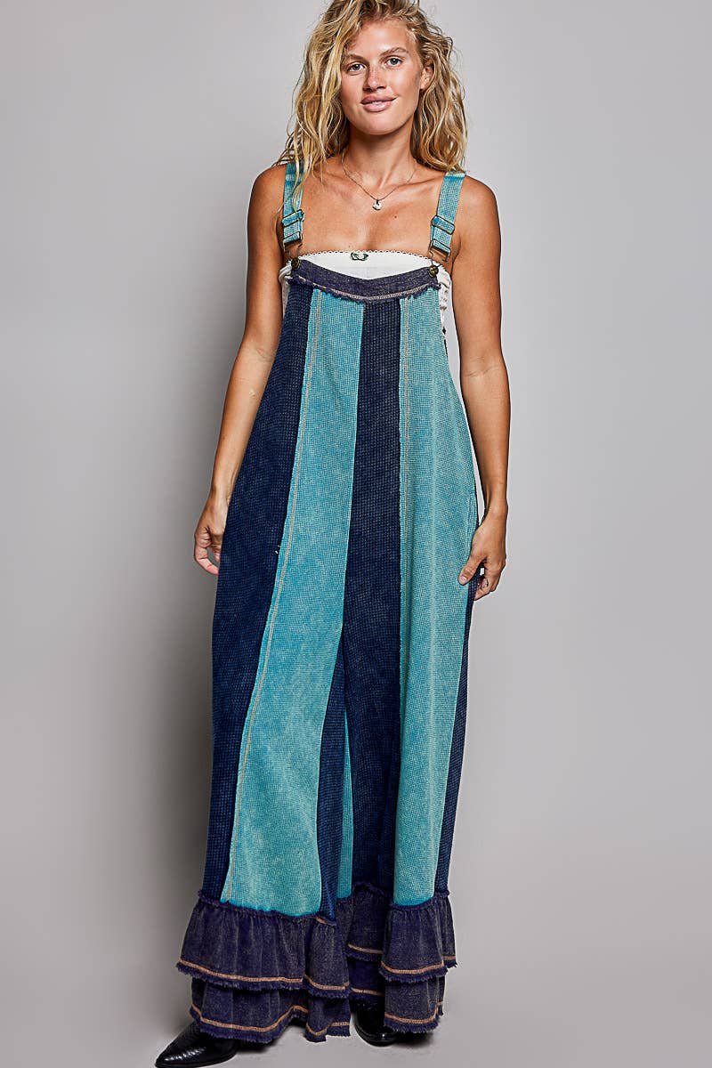 Indigo & Mint Ruffle-Trim Wide-Leg Overalls