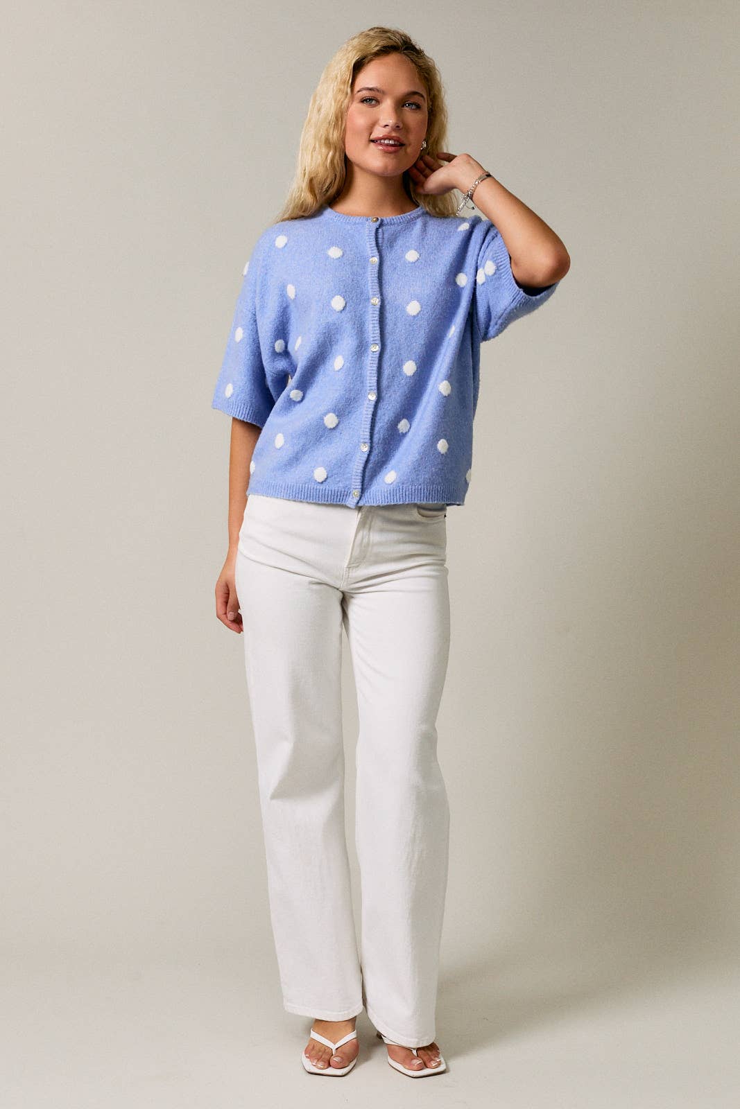 SHORT SLEEVE CREW NECK POLKA DOT SWEATER CARDIGAN