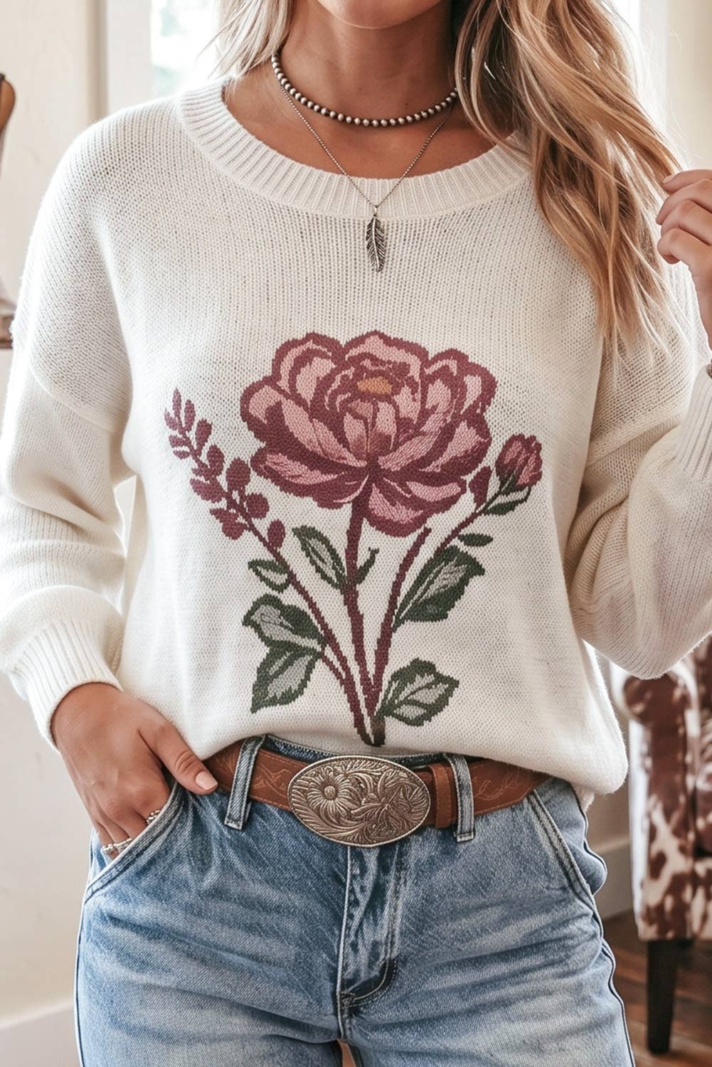 LDC Western Floral Long Sleeve Loose Fit Pullover Knit Top