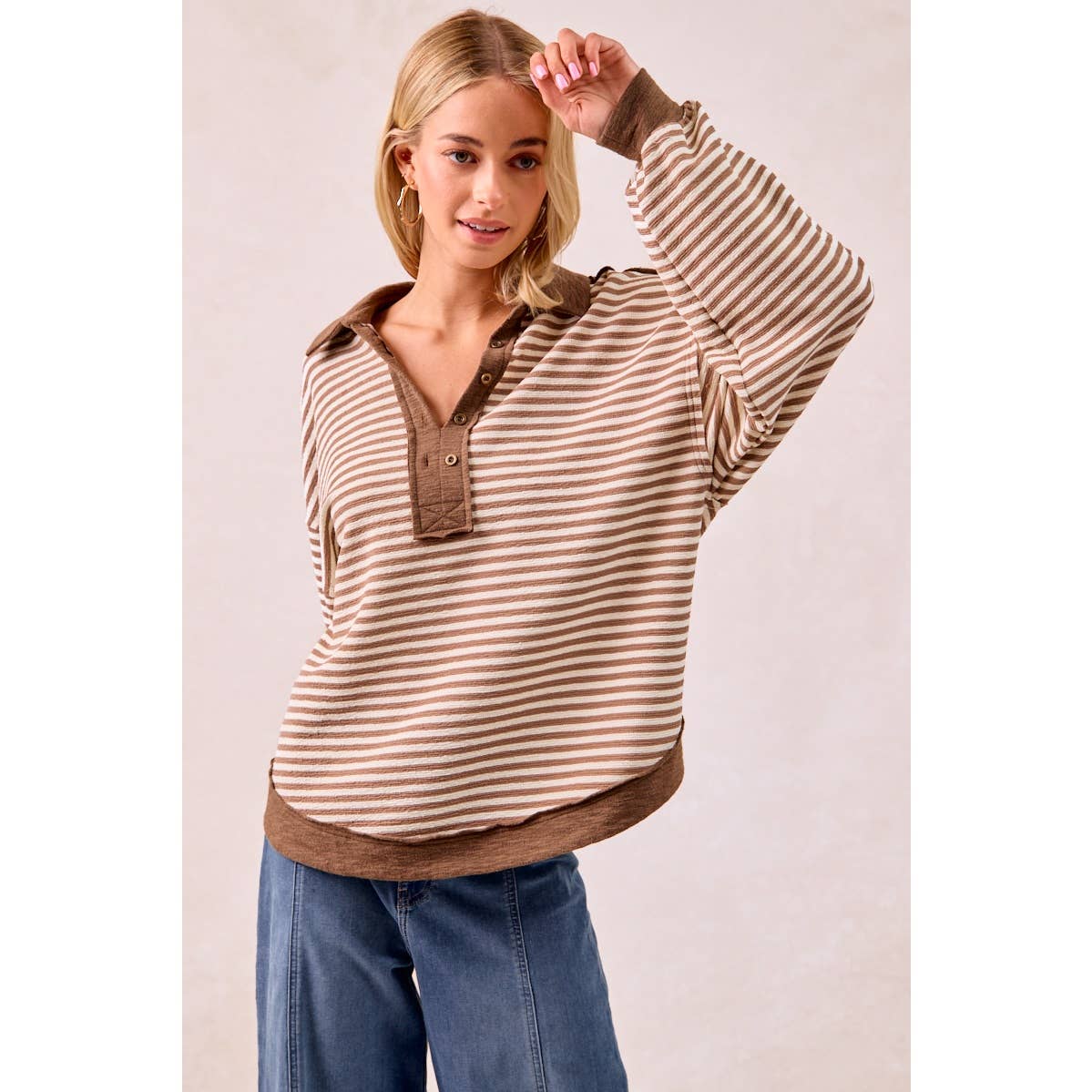SLUB KNIT AND STRIPES MIX AND MATCH COLLARED TOP