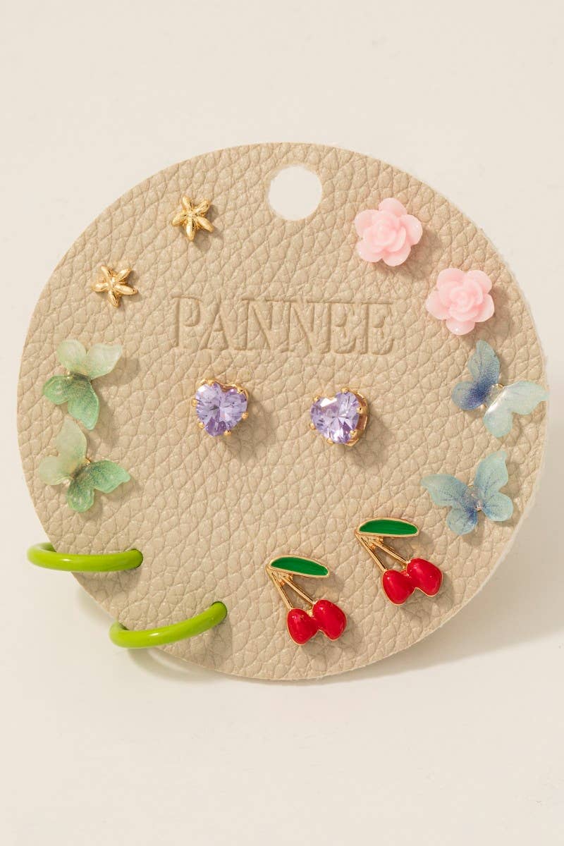 Flower Cherry And Butterfly Mixed Stud Earrings Set