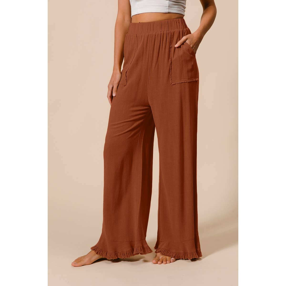 Washed Frayed Pants with Side Pocket