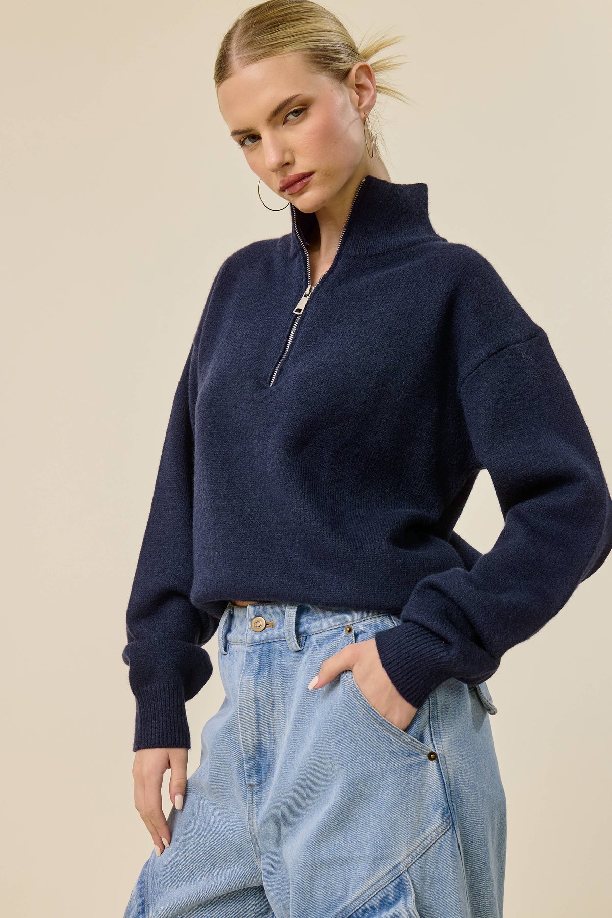 Half Zip Mock Neck Knit Sweater
