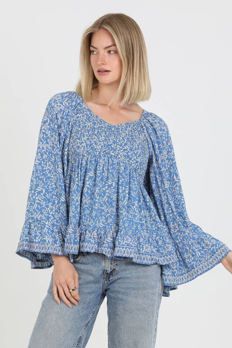 V-Neck Smocked Bust Wide Sleeve Blouse