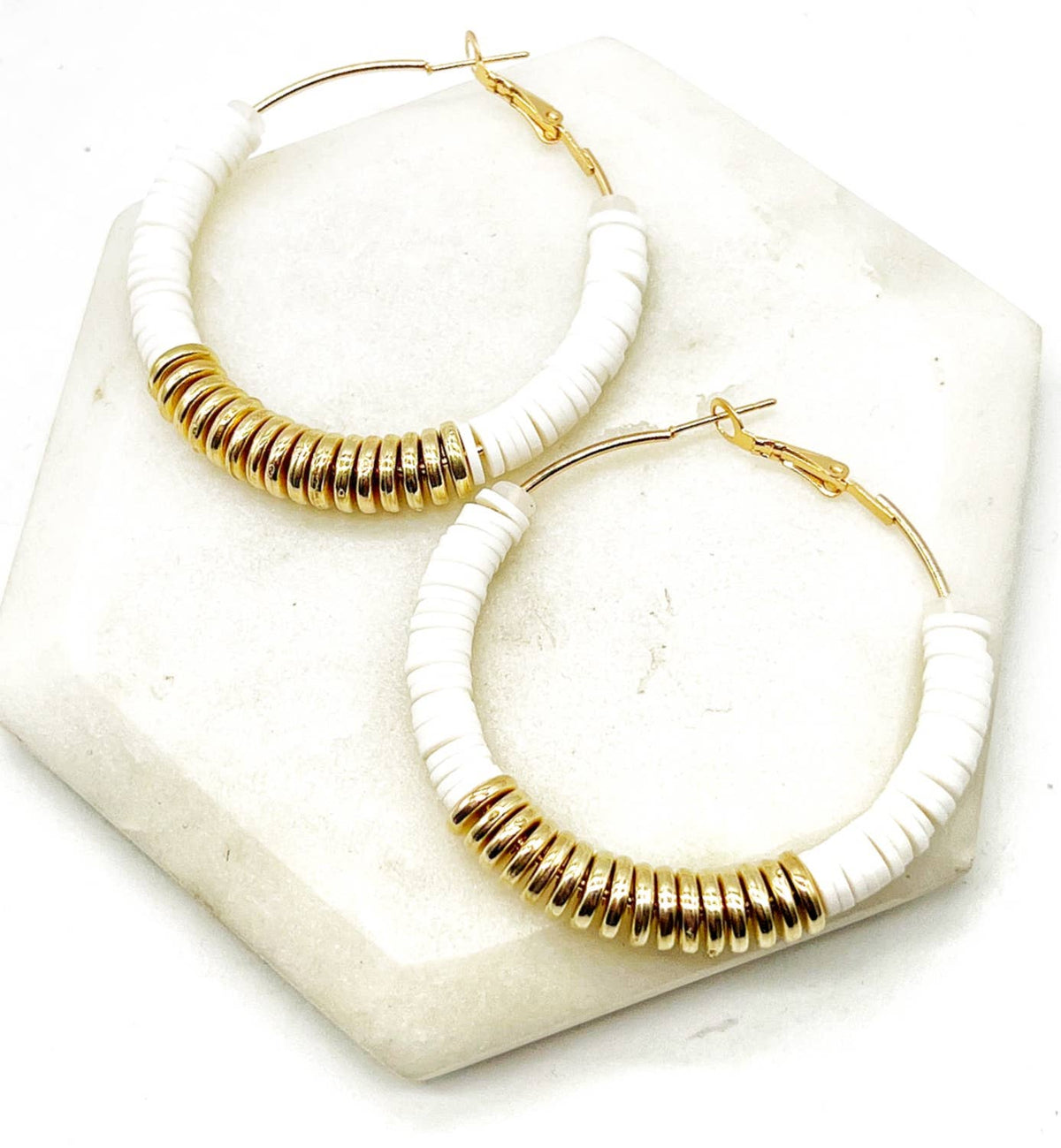 White Gold Heishi Hoop Earrings