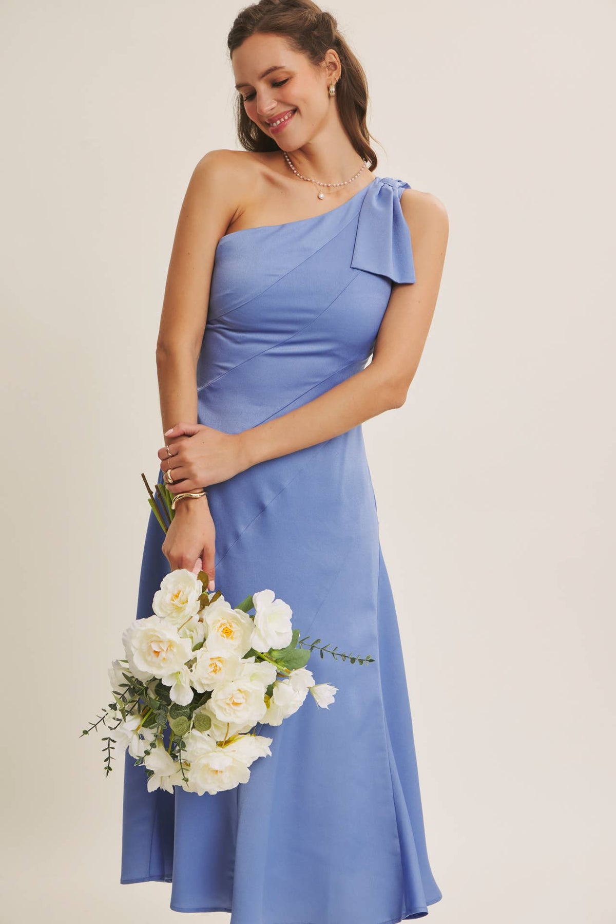 PARTY GLAM ONE-SHOULDER BOW MIDI DRESS W/ SCULPTING SEAM