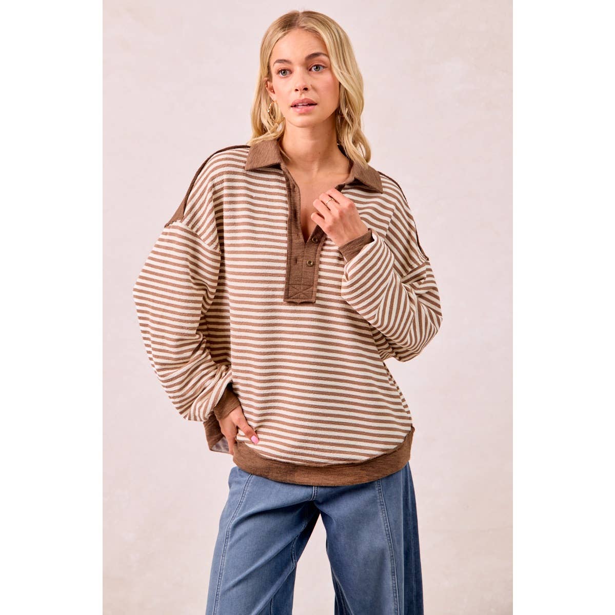 SLUB KNIT AND STRIPES MIX AND MATCH COLLARED TOP