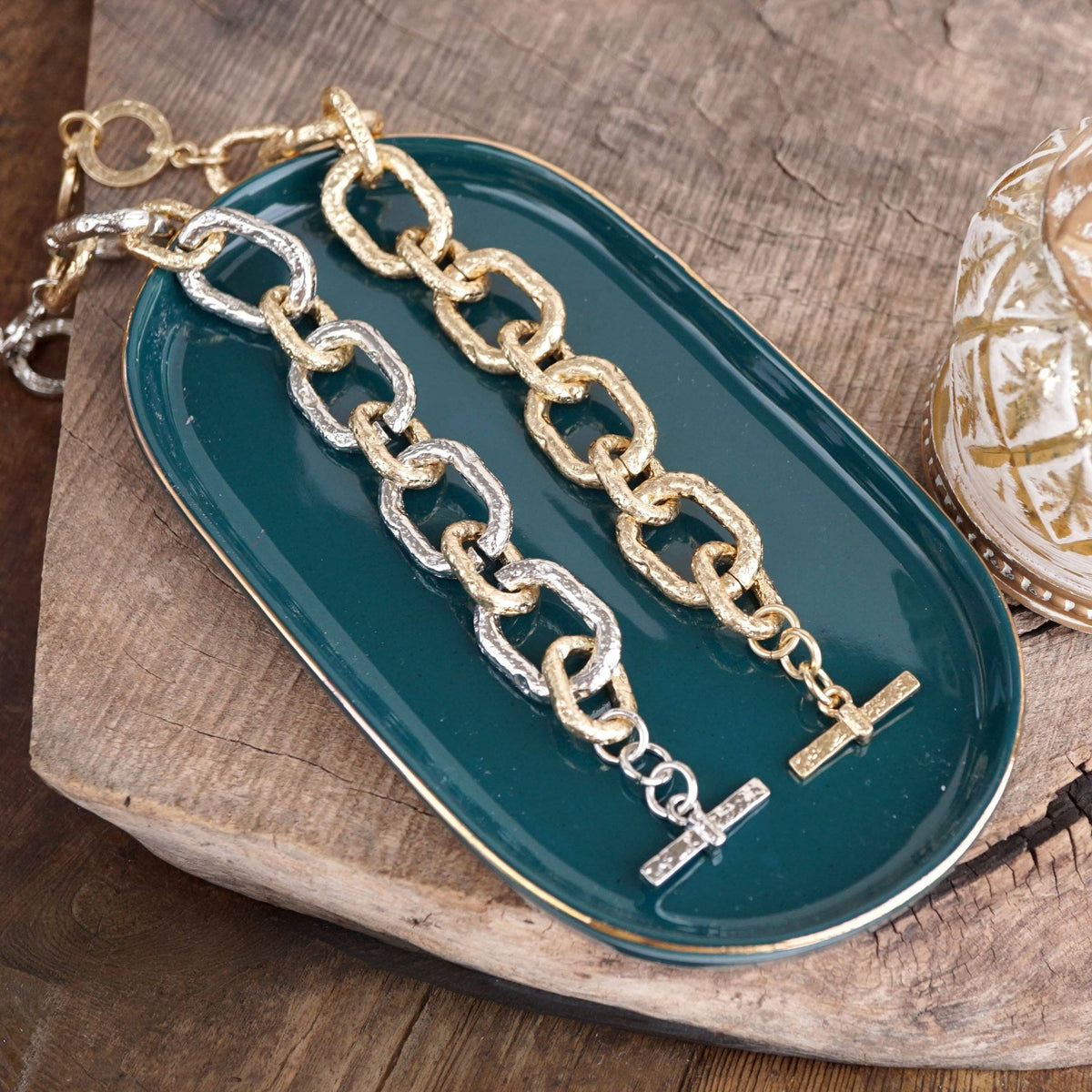 Chunky Chain Rectangle Link Bracelet Worn Gold Silver - Luxe Link