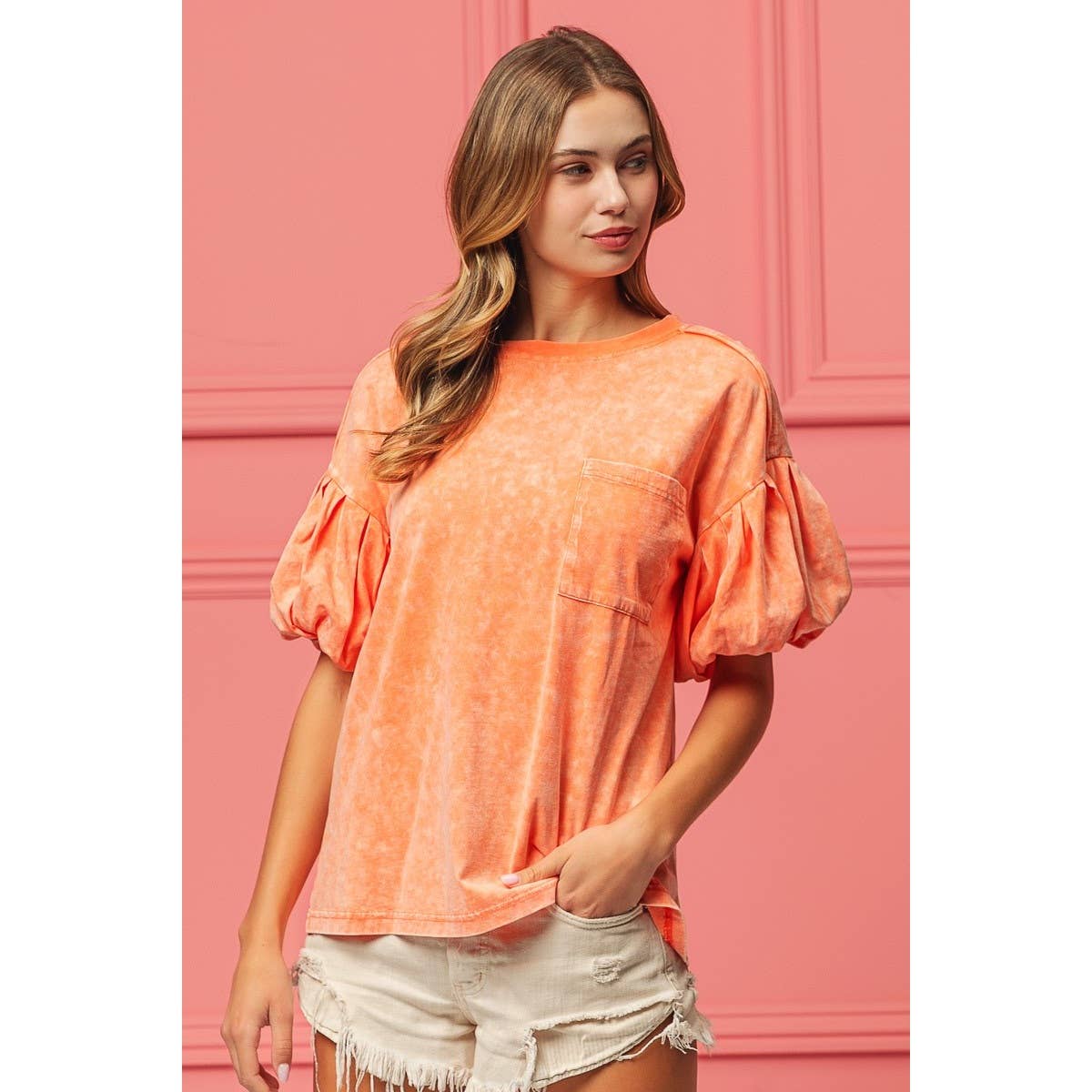 Mineral Washed Puff Sleeve Jersey Top