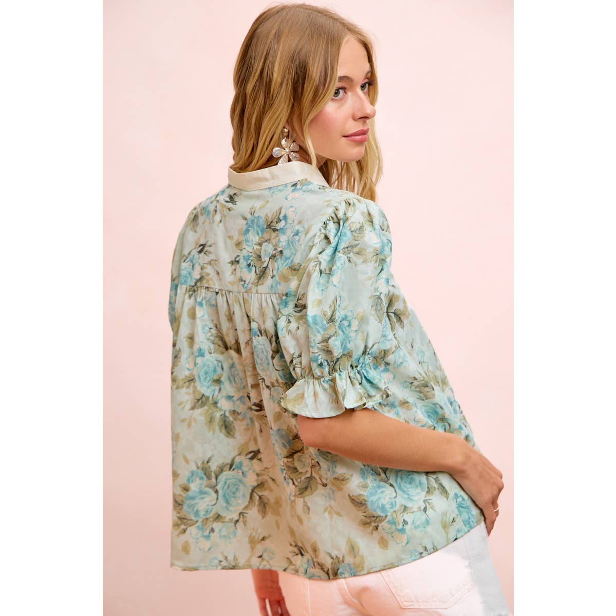 ROSE PRINTED WOVEN V NECK TOP WITH RUFFLE SLEEVES