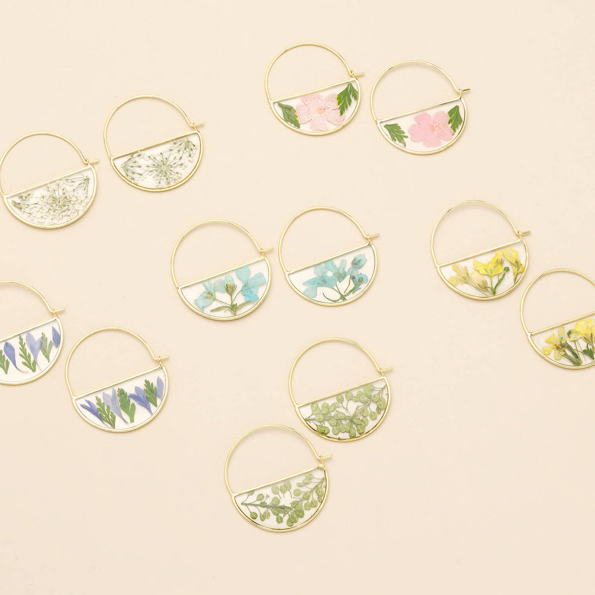 Pressed Flower Hoop Earring - Pink Cherry Blossom/Gold
