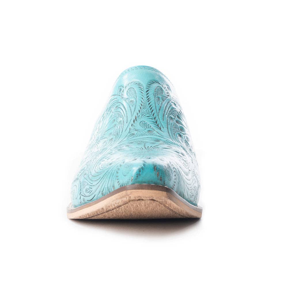Valeria Hand-tooled Mules In Turquoise