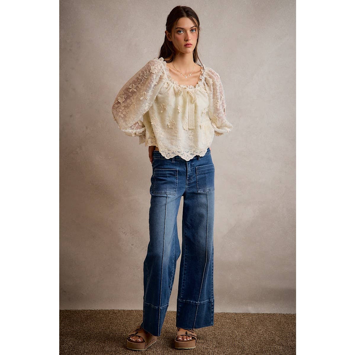 3D Floral Lace Scallop Edge Long Sleeve Blouse
