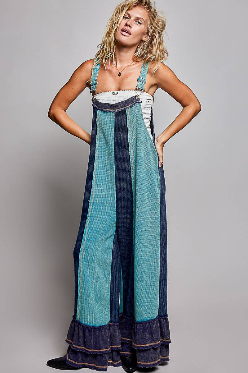 Indigo & Mint Ruffle-Trim Wide-Leg Overalls