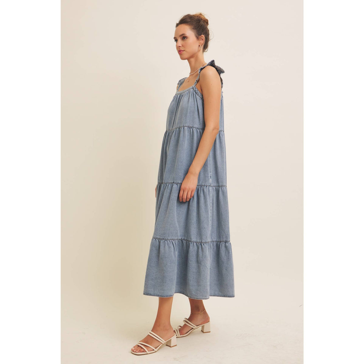 DENIM WASHED MIDI DRESS WITH RUFFLES AND BACK BOW