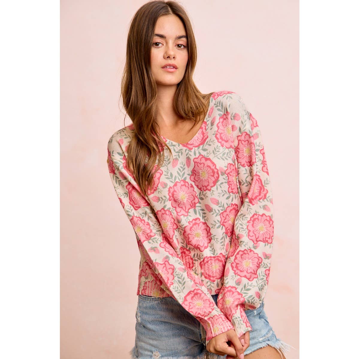 Flower Printed V-Neck Knit Top with Balloon Sleeves