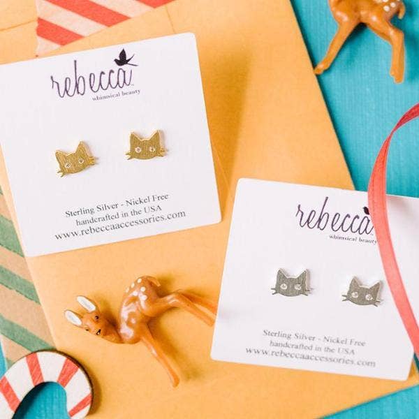 Cat Face Post Earrings Pet Animal Cubic Zirconia Gemstone