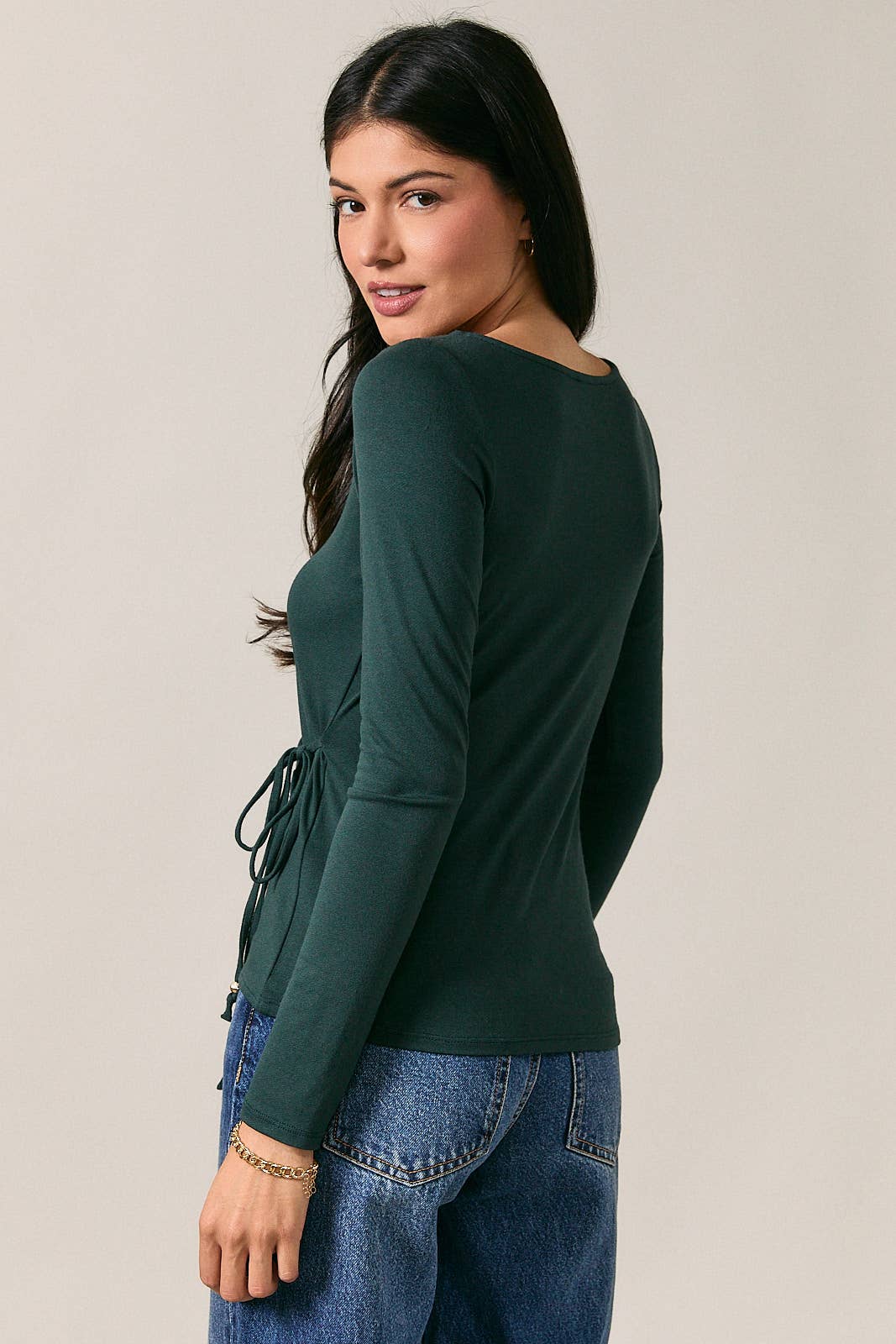 Boatneck Long Sleeve Asymmetric Pleats Side Tie Top