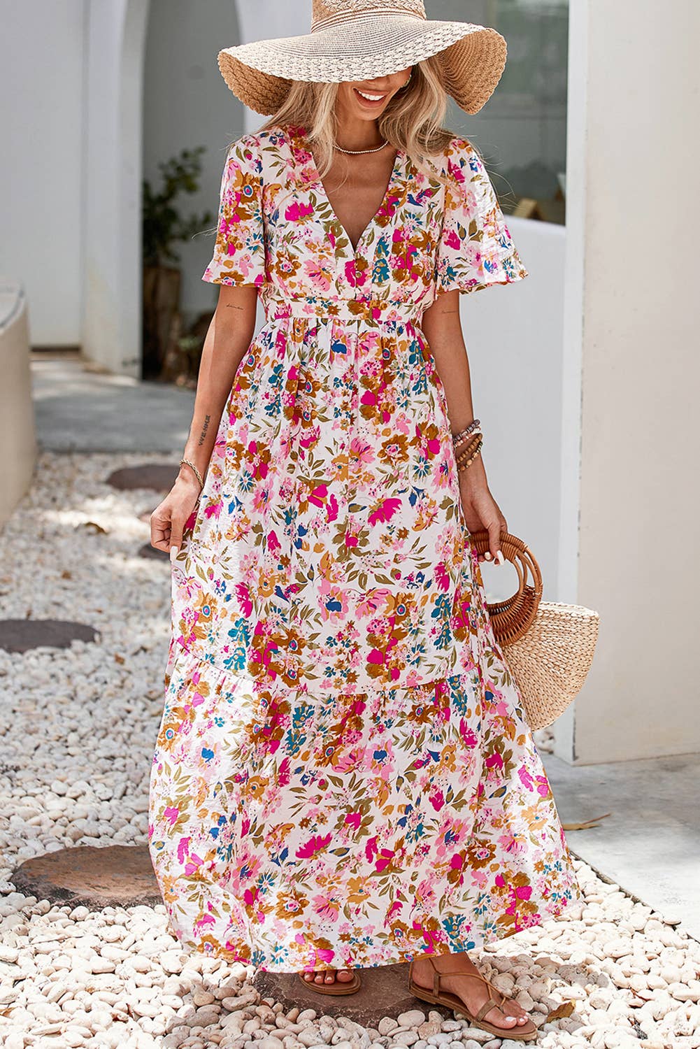 Floral V-Neck High Waist Maxi Dress